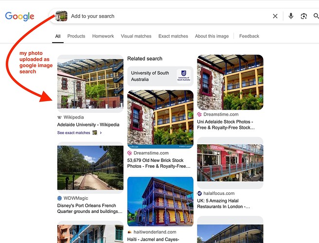 Reverse image search in Google of the University of South Australia photo matched is with a result from Wikipedia and 2 from Dreamtime images