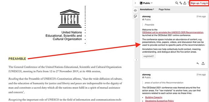 The annotation for the text on Preamble is shown on the opened Hypothesis tools, it is a welcome greeting for this project