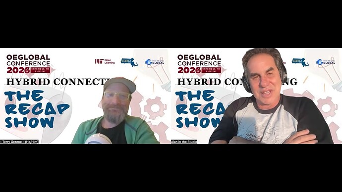 Side by side zoom session with two mean in conversation, both have a graphic background with the OEGlobal 1016 Conference logo and text reading Hybrid Connecting- The Recap Show