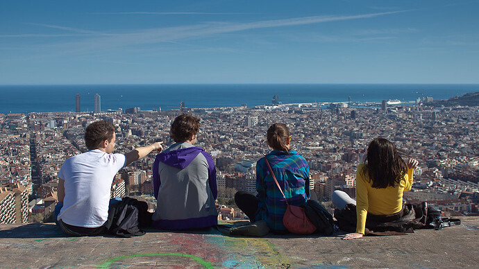 Four people perched on a cliff overlooking a wide spread city and the sea beyond
