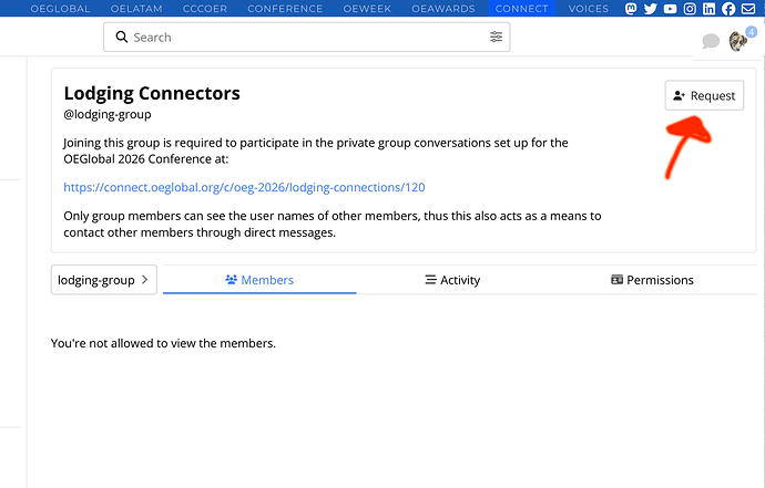 Lodging Connectors Group with arrow pointing to the Request button