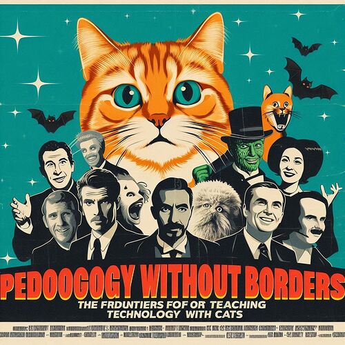 GenAI image of a poster with large text at bottom "Pedoogogy Without Borders" and a subtext for of typos of "The Frduntiers fof or Teaching technology woith cats