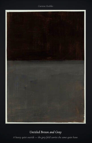 Painting with two large horizontal areas: very dark brown on top, with dark, dim grey on the bottom. It looks like a bare landscape at night with no trees or anything else on the ground.