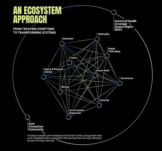 Schematic model for an Ecosystem approach with interconnected nodes such as Education, Peace, Climate, Housing, Governance, etc inside a circle with 2 nodes of Care Connectiuon Comunity plus Universal Health Coverage/Human Rights/SDGs