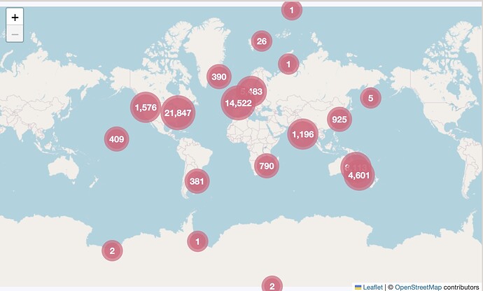 World Map with dots of various sizes representing the number of Flickr commons photos of locations near the map