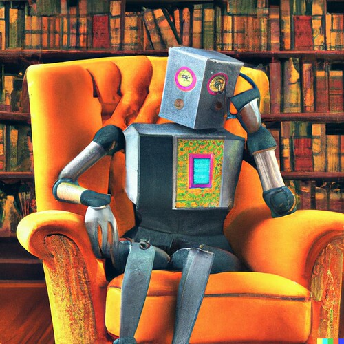 DALL·E generated image: A pensive robot sitting on an ornate orange armchair in a library, Cubist style
