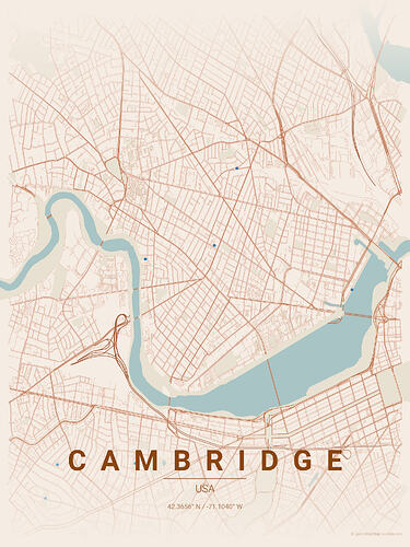 Street map of Cambridge, MA in a simple color scheme
