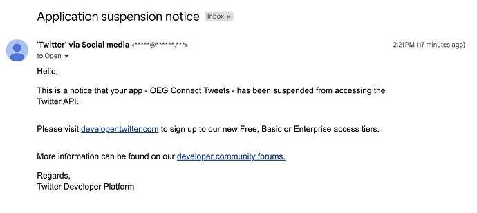 Email from twitter informing of the suspension of our access to the Twitter API