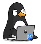 Cartoon penguin looking thoughtful while sitting at laptop with GO-GN label