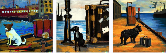 AI rendering of prompt - An abstract surrealistic painting of a dog sitting next to a suitcase on a wharf next to a steamship