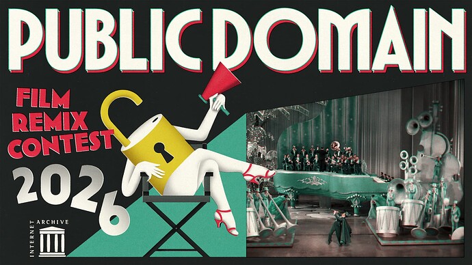 Public Domain Film Remix Contest features a cartoon figure sitting cross legged in a Directs Chair, the torso and head represented by an open padlock.