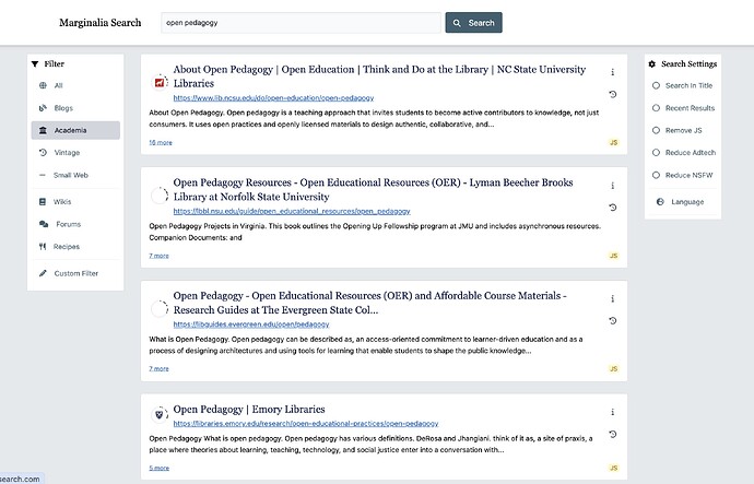 Example results of search on open pedagogy with filter for academic sources