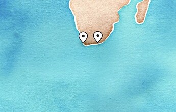 cartoon map of southern tip of Africa, two map pins at the bottom look like eyeballs.