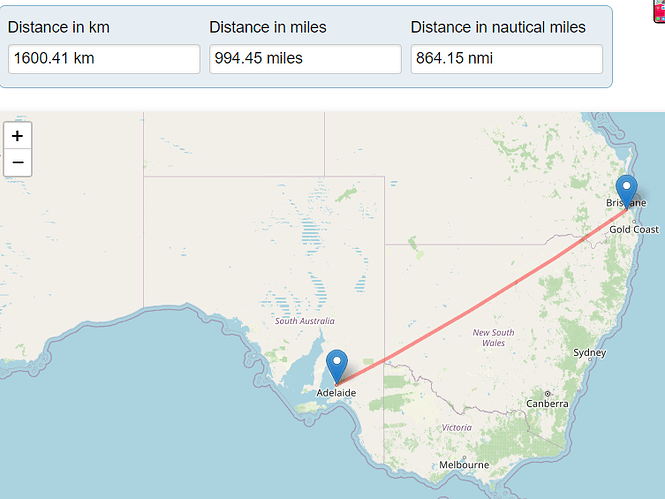 Screenshot of https://www.distancefromto.net/ – showing distance from Adelaide to Brisbane: 1600.41 km, 994.45 miles, 864.15 nmi.