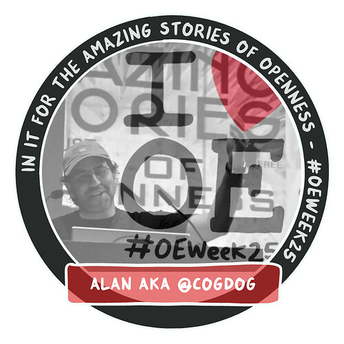 Black and white photo of a man in a baseball cap presenting on a laptop, partly behind is fragment of "Amazing Stories". Over top is translucent I Heart OE #OEWeek25. On the periphery is text In it for the amazing stories of openness - #oeweek25