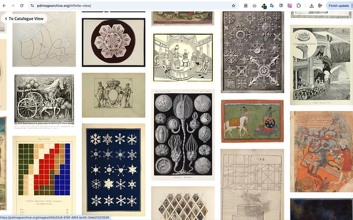 A grid of various style old style images, drawing, posters, paintings of horse drawn carts, snow flakes, in the center a set of marine animal skeletons, all of them public domain images navigated by scrolling infinitely