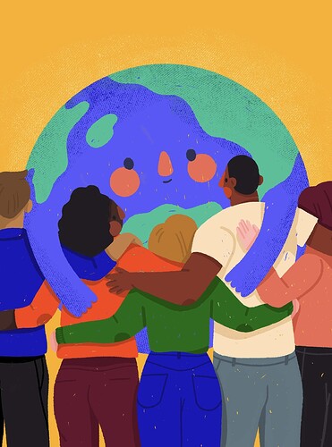 illustration of people arm in arm all holding the world in a hug.