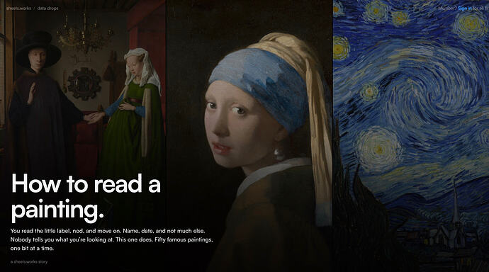 How to Read a painting with images of classic Girl with Pearl Earring and Starry Starry night. You read the little label, nod, and move on. Name, date, and not much else. Nobody tells you what you’re looking at. This one does. Fifty famous paintings, one bit at a time.