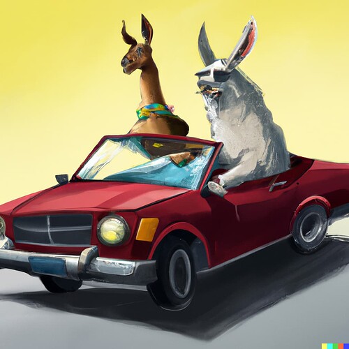 DALL·E imageL A llama riding in a cheap economy car trying to catch up to a rabbit in a red convertible, digital art