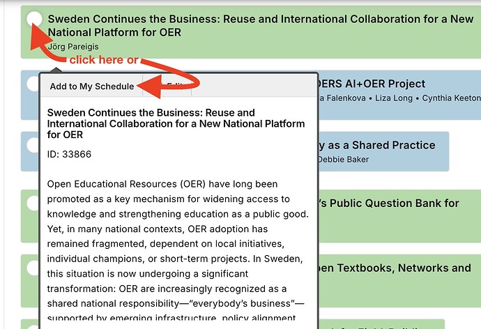 Add a session you your personal conference schedule in Sched using the button next to the title or the Add to My Schedule button on the session's information screen