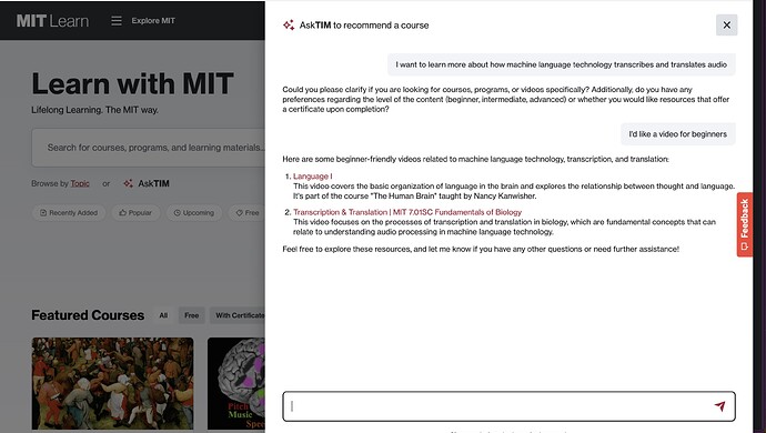 Ask TIM interface with my prompt above, it asks for more specifics, and returns two video results
