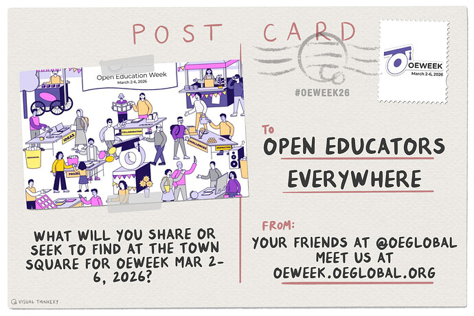 Cartoon style postcard with an image of people gathered in a town square, the message asks what will you share or seek to find at OEWeek 2026