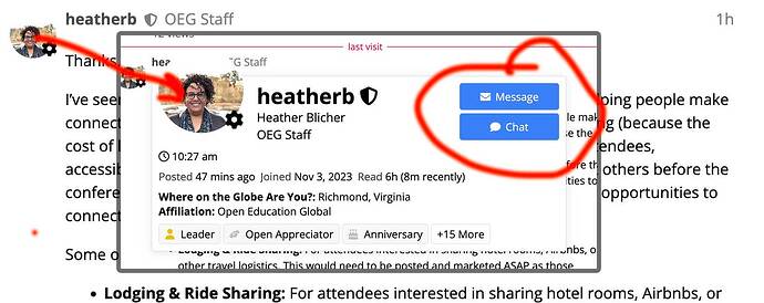 Diagram showing that clicking Heather's icon opens her profile card, where two buttons are visible, circled in red, for sending a private message or opening a chat.