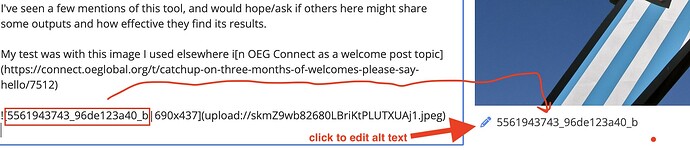 editing screen for OEG Connect indicating with a box the default alt text is a file name, and the location of the pencil icon on the preview that allows you to edit/enter good alt text