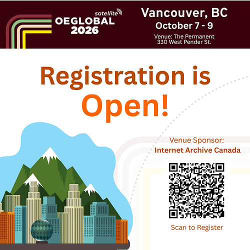 OEGlobal YVR Satellite image, with a scannable QR code linking to registration