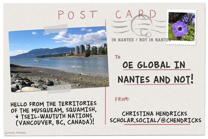 Postcard from Vancouver, BC, Canada: view of kayakers on the water, mountains in the background, and a barge stuck on the shore