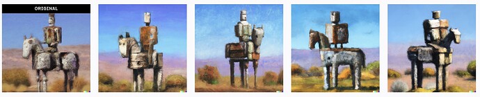 Yet one more DALL•E variation of second image above, creating 4 new slightly different interpretations of "robot sitting on a horse on a western plain Impressionist style"