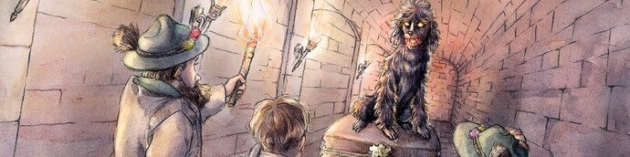 Illustration style image of young explorers in coats and hats, holding flame torches in a stone corridor, they approach a large shaggy dog wth glaring eyes.