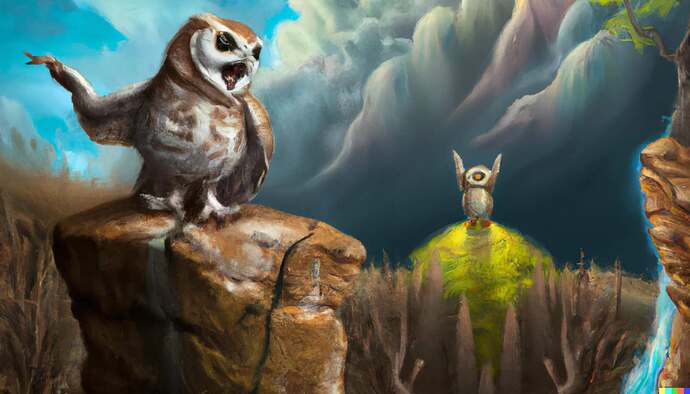 DALL·E generated image: A wise owl standing on a large rock with hand in air explaining a complex topic, digital art