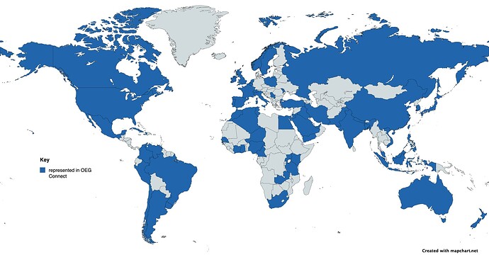 Map of the world with countries represented in OEG Connect colored blue