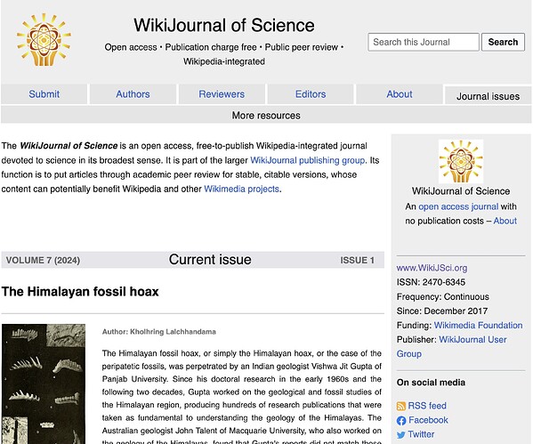 WikiJournal of Science homepage featuring its logo, a journal description, article titled "The Himalayan fossil hoax," and journal information.