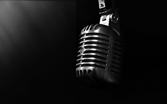 Metallic professional microphone hangs before a darkened background, as if waiting for you to press "record"