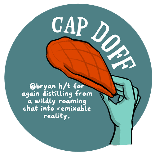 Cap Doff, a cartoon flat topped hat behind held in the air, with text @bryan h/t for again distilling from a wildly roaming chat into remixable reality.