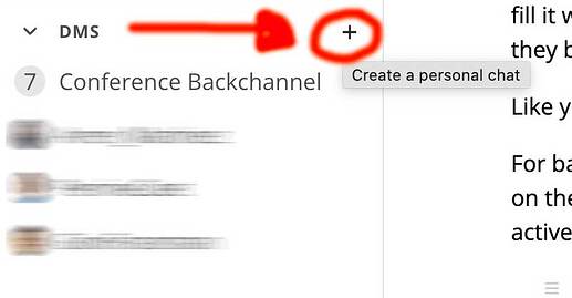 Arrow from the DM menu label showing where the + button lets you create a personal chat channel