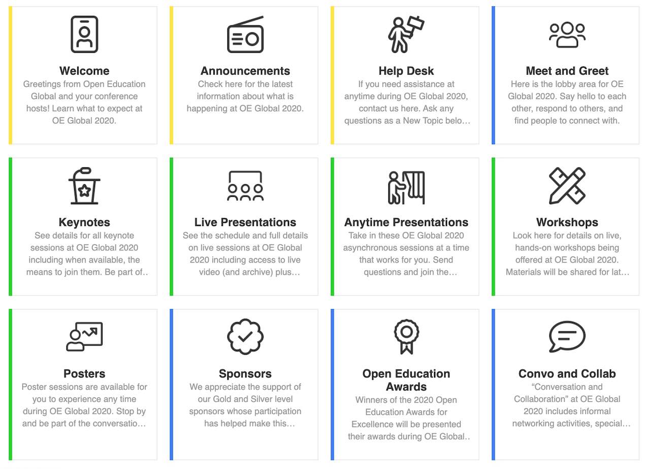 Areas including "Welcome", "Announcements", "Help Desk", "Meet and Greet", "Keynotes", "Live Presentations", "Anytime Presentations", "Workshops", "Posters", "Sponsors", "Convo and Collab"