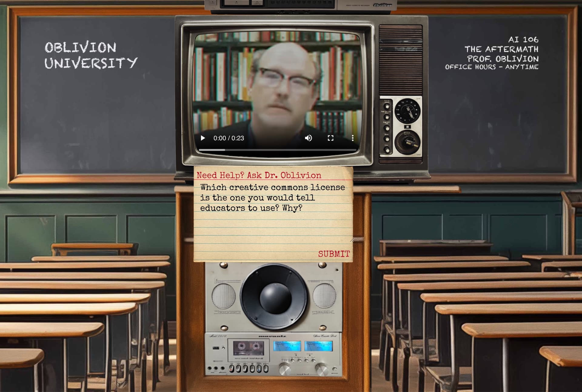 Imaginary classroom with rows of desks a chalkboard which reads "Obilvion University" and some kind of old video style professor on a TV screen