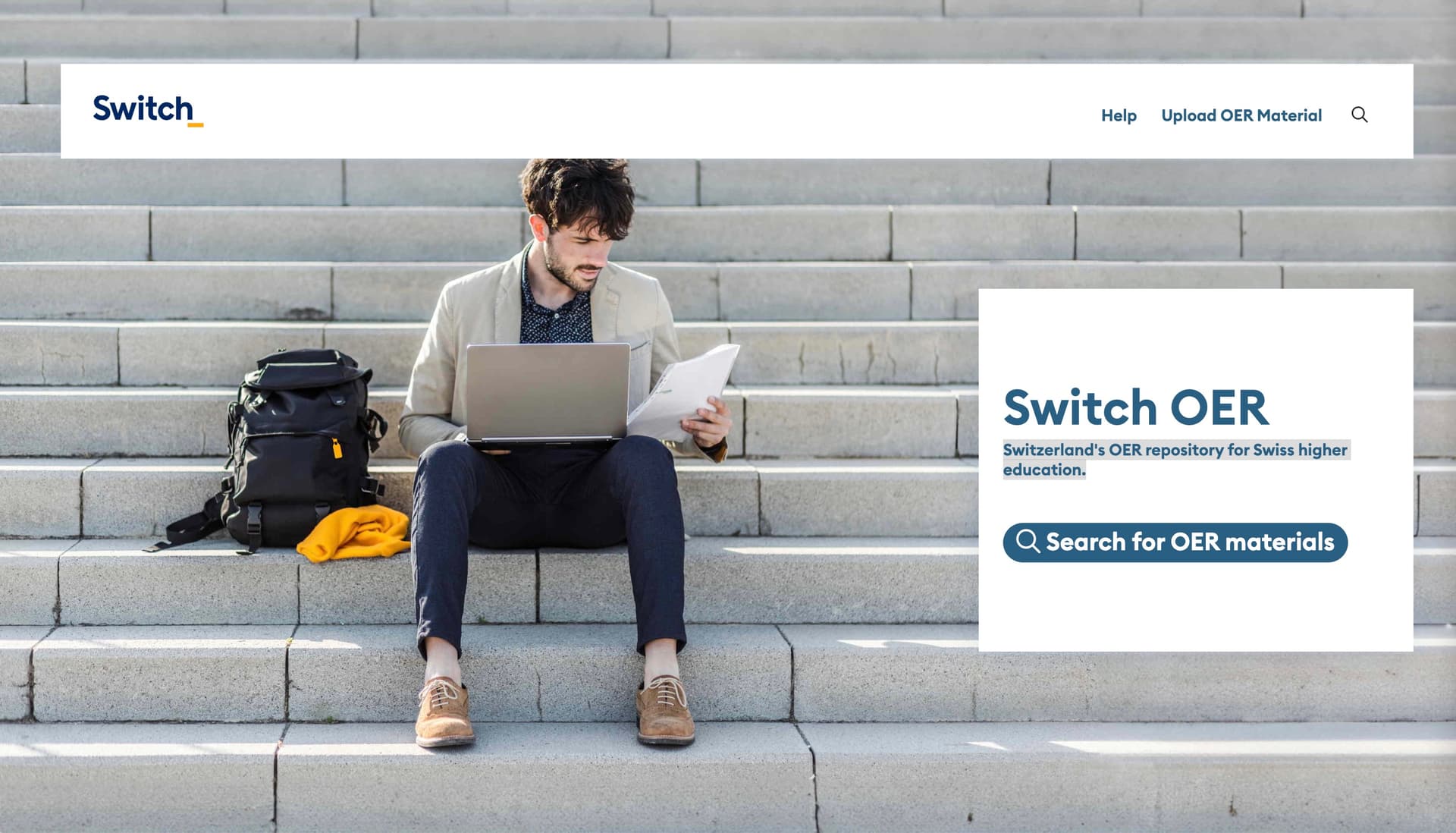 A man sits on stone steps with a laptop and paper, near a backpack and yellow jacket. Text overlay promotes Switzerland's OER repository.