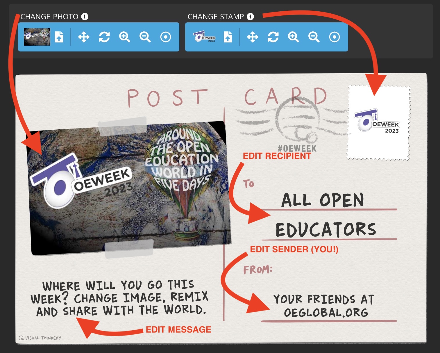 Changes you can make to the remixable postcard for Around the Open Education World in Five Days