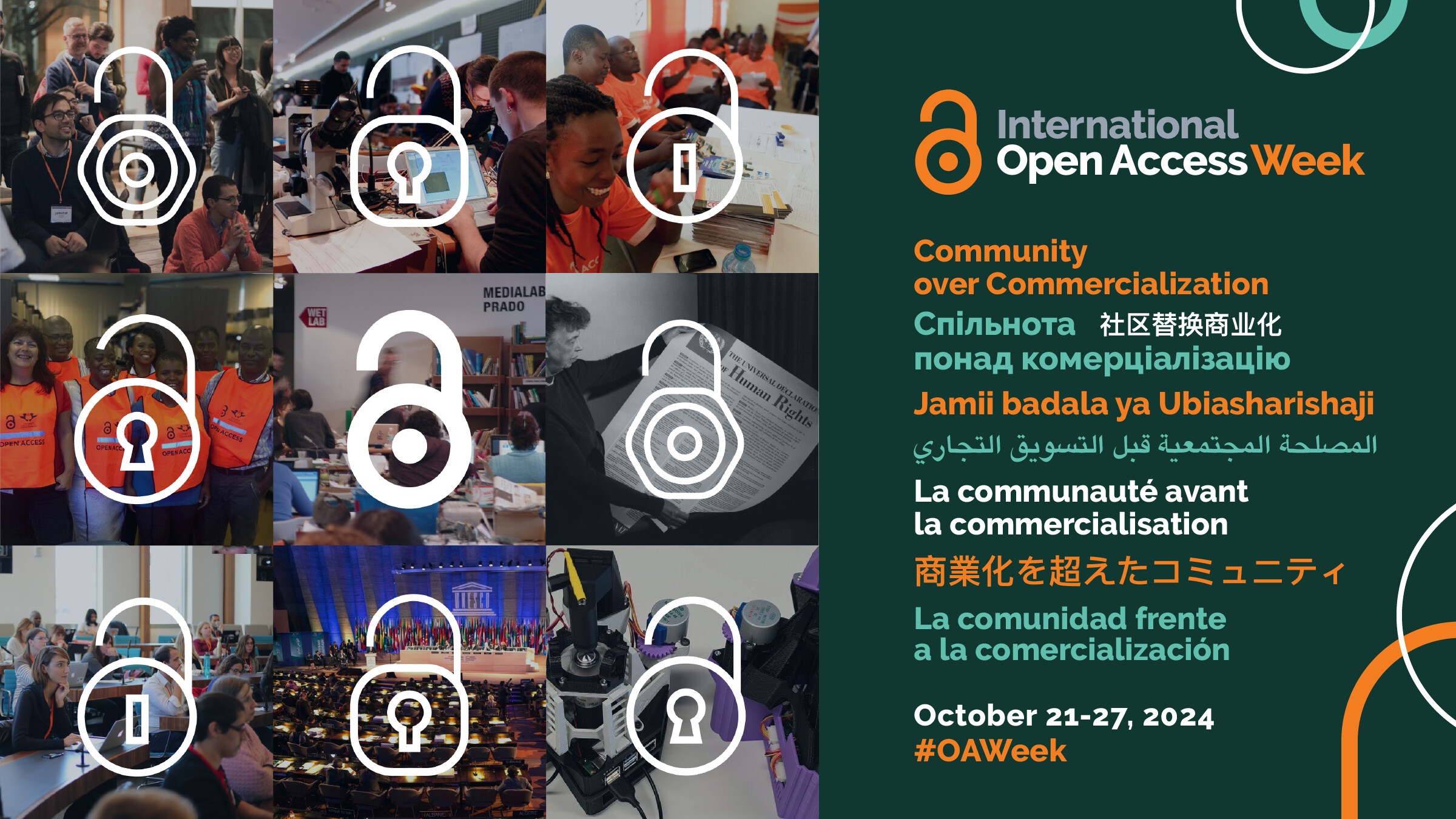 International Open Access Week poster with multiple images of people collaborating with icons of open locks superimposed. The theme of "Community over Commercialization" is expressed in multiple languages including Arabic, Chinese, Spanish, French,Hindi, and more