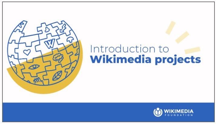 A puzzle piece globe with Wikimedia logos and title Introduction to Wikimedia projects