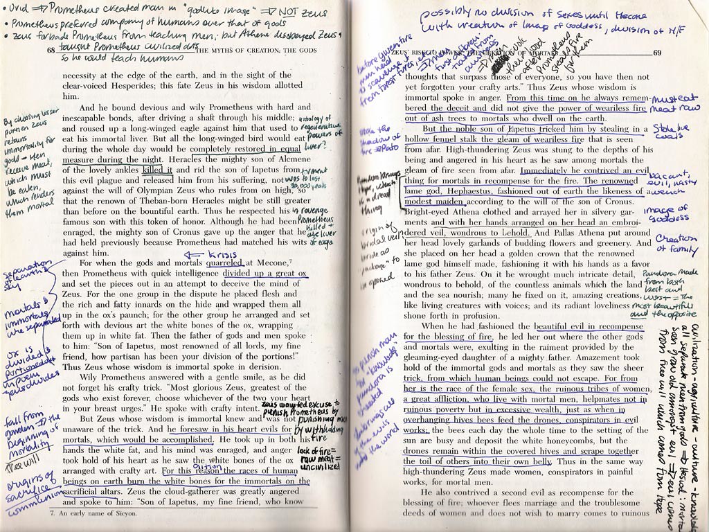 2 pages of a book heavily annotated with hand written notes in the margins