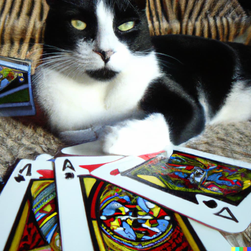 DALL·E generated image Black and white cat laying in front of a deck of cards with 2 kings showing
