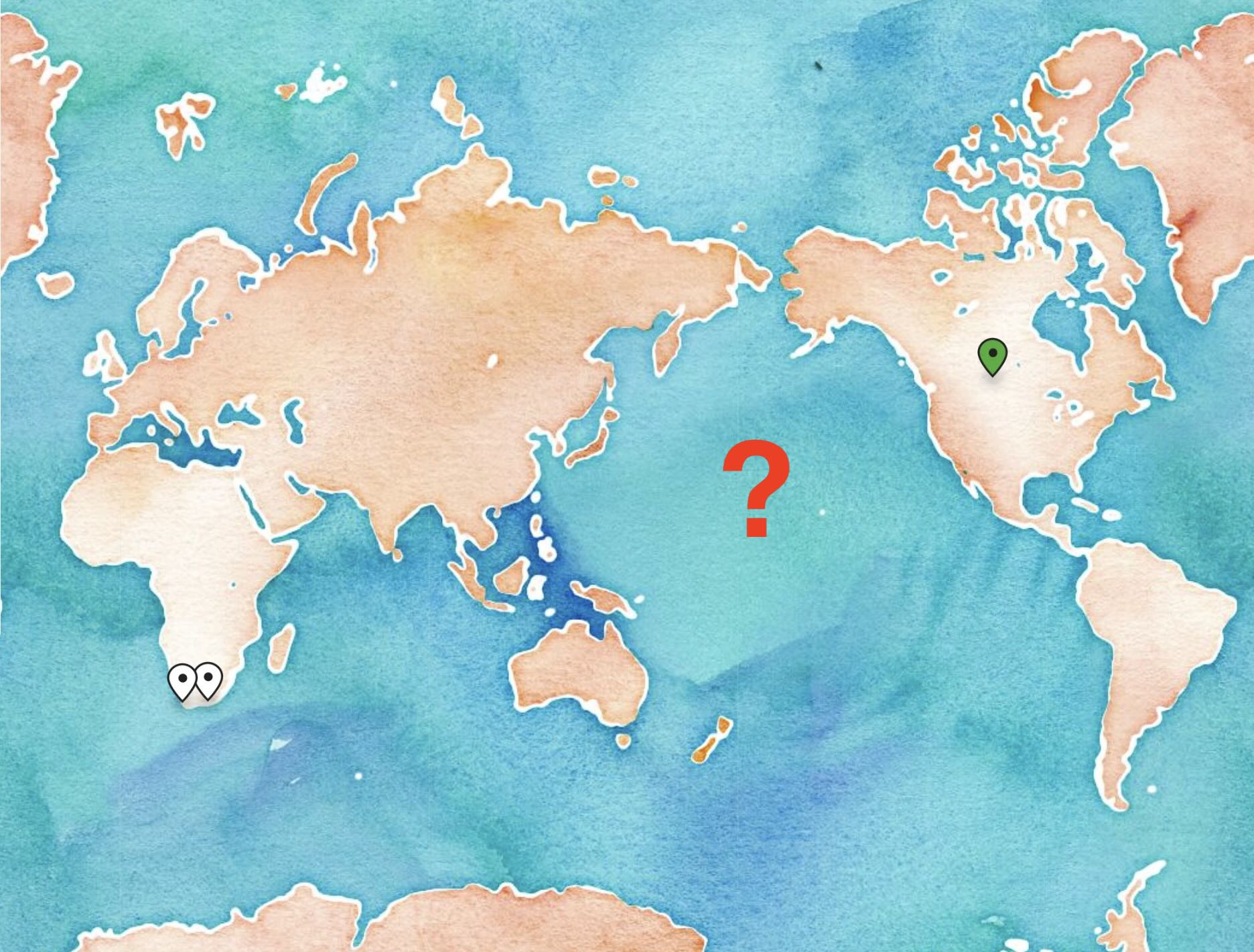 cartoon style world map, a big question mark in the Atlantic Ocean with just two pins in Africa and one in Canada.