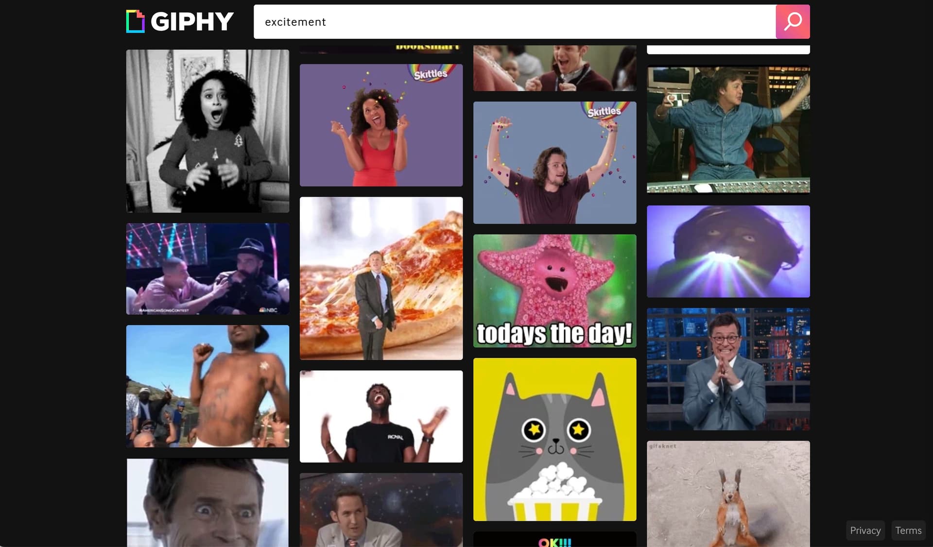 Screen full of Giphy GIFs from a search on excitement