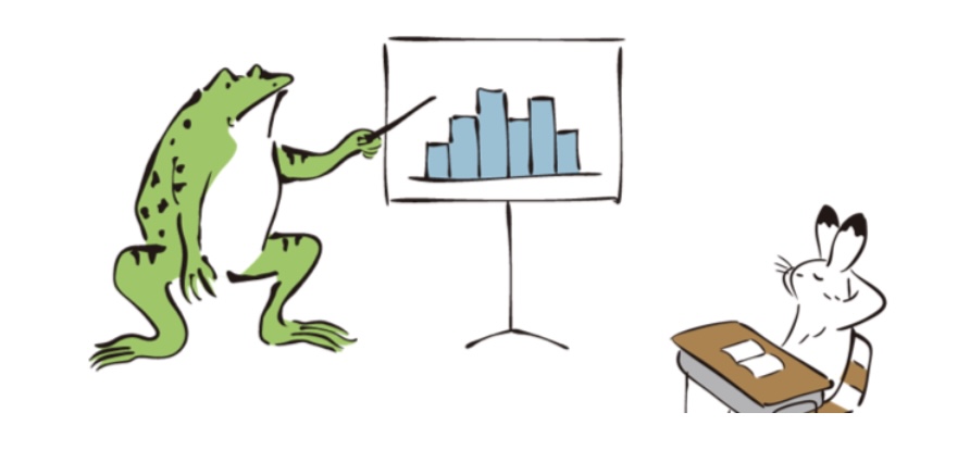 Cartoon style image of a frog lecturing in front of a screen with bar charts to a rabbit sitting at a desk