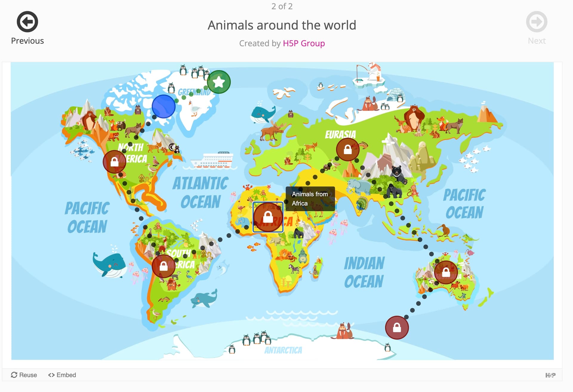 An activity on a world map with images of animals, a start point is labeled at the top with a series of nodes meant on a path around the world